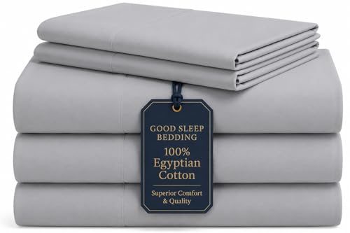 "Good Sleep Bedding Split King Sheets Set, 100% Egyptian Cotton, Luxury Sateen Sheets, 5 Piece, 2 Fitted - 16"" Deep Pocket, Light Gray"