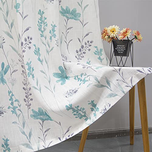 July Joy Printed Sheer Curtains Linen Textured for Living Room Floral Leaf Design Farmhouse Style Window Panel Drapes Set Grommet Treatment for Bedroom, Dining, 52 x 96 inch, Teal