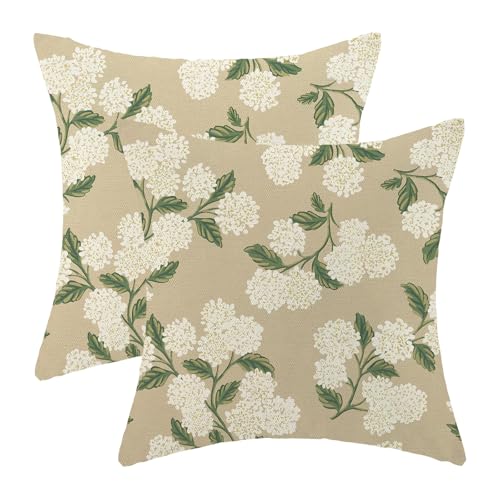 OFIRD Spring Pillow Covers 18x18 Pack of 2 Green Beige Hydrangea Floral Decorative Throw Pillow Covers Outdoor Decoration Summer Seasonal Flower Pillowcase Farmhouse Linen Cushion Case for Home Sofa
