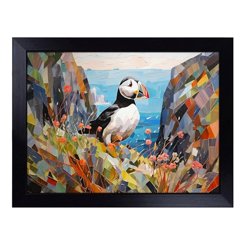 Lap Tray with Bean Bag Cushion, Puffin Hard Edge - Handmade in the UK, Raised Wooden Edge, Padded Cushion, Heat-Resistant Wipe-Clean Surface, for Meals, Laptops and Crafts