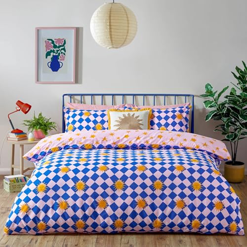 furn. Antares Duvet Cover Set – Reversible Sunshine Checkerboard Easy Care Cotton Blend Bedding (Multicolour - Single)