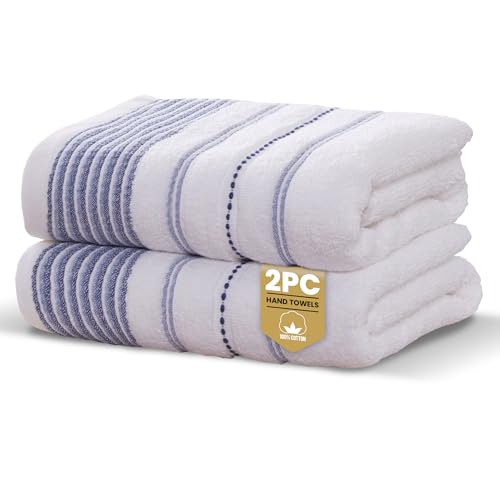 Rapport Home 2-Pack Dakota Stripe Hand Towels - 50x85cm 100% Cotton 500GSM - Absorbent & Soft Bathroom Towel Set - Oeko-Tex Certified - Blue
