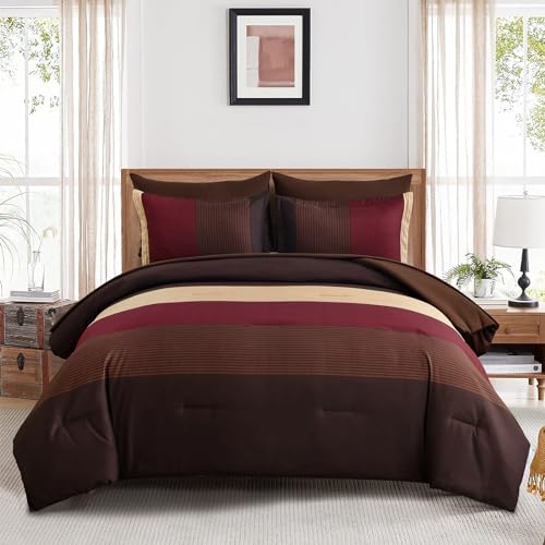 "Anibedding Red and Brown Comforter Set King Size, Boho Burgundy Striped Bedding Comforter Set 7 Piece Bed in a Bag, Soft Microfiber Down Alternative Farmhouse Bedding Set for All Season(104""x90"")"