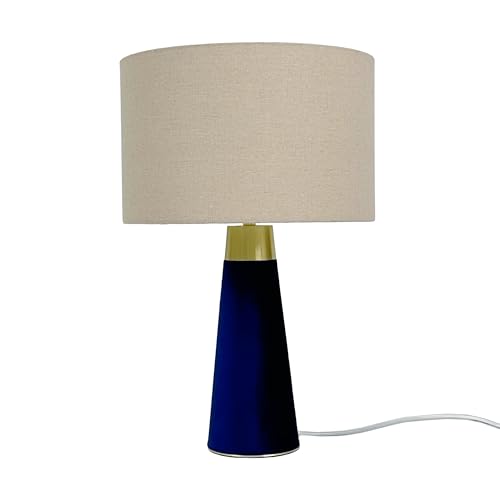 Relaxdays Table Lamp, Linen Shade & Velvet Base, E27, HxD: 47 x 40 cm, Bedside Lamp with Cable, Bedroom, Beige/Blue