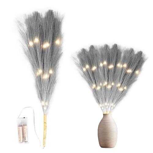 2Pcs - 45cm Prelit Grey Pampas Grass Stem, Warm White LEDs Battery-Operated Christmas Artificial Flowers for Boho Wedding Bedroom Living Room Decorations