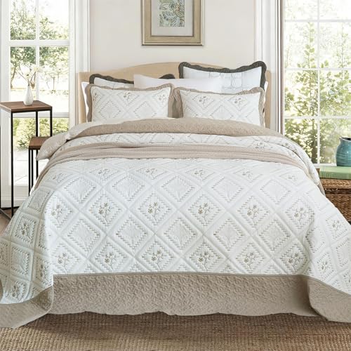 Cmfshape Oversize King Quilt Set Taupe-120x120 California King Bedspread with 2 Pillow Shams-Exquisite Embroidery Bedding Comforter for All Season-Lightweight Coverlet Drop to The Floor