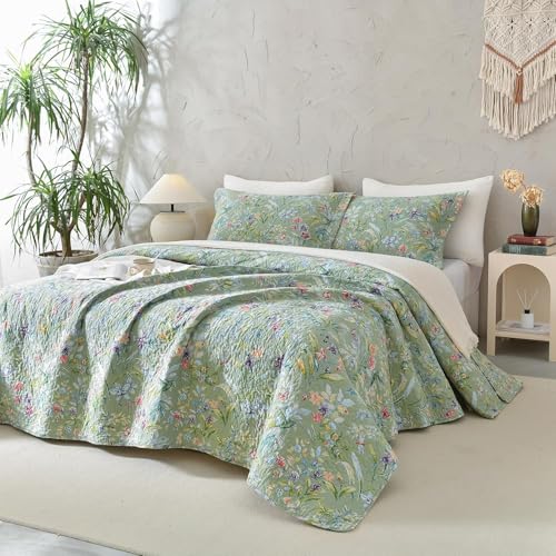 "Sanracie Oversized Queen Size Quilt Bedspread Set(102""x118""), 100% Cotton Green Flower Bird Butterfly Print Botanical Quilted Bedding Set 3Pcs Lightweight Breathable Bedspreads for All Seasons"