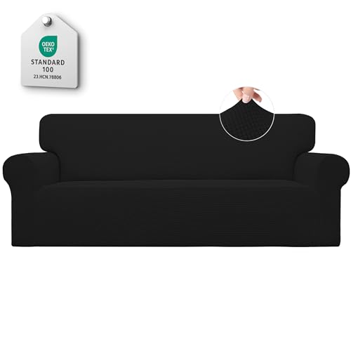 Easy-Going Stretch Sofa Slipcover 1-Piece Couch Sofa Cover Furniture Protector Soft with Elastic Bottom for Kids, Spandex Jacquard Fabric Small Checks (Large, Black)
