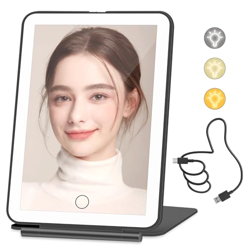 Makeup Mirror & Vanity Mirror with 96 Led Lights, Travel Mirror Lighted Makeup Beauty Mirror, 3 Color Lighting, Dimmable Touch Screen, Tabletop LED Folding Cosmetic Mirror with Lights - Black