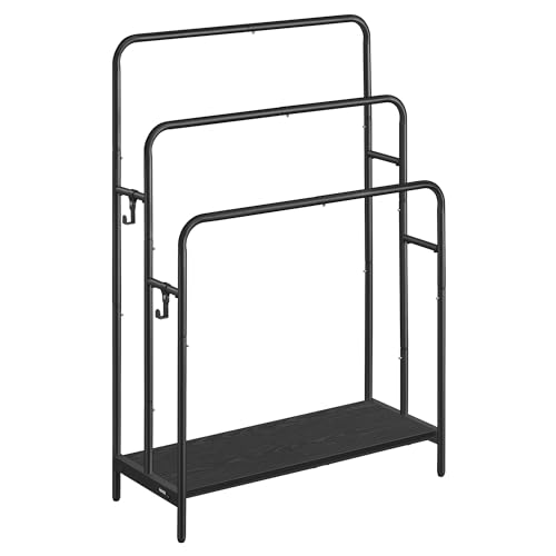 VASAGLE Freestanding Towel Rack, 3-Bar Towel Holder with 2 Hooks, 70 x 30 x 100 cm, Storage Shelf, for Bath Towels, Ink Black and Ebony Black LLS019B01