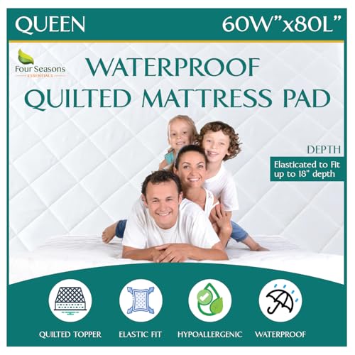 Queen Size Quilted Mattress Pad - Waterproof Mattress Protector, Premium Quality Hypoallergenic Fitted Mattress Cover