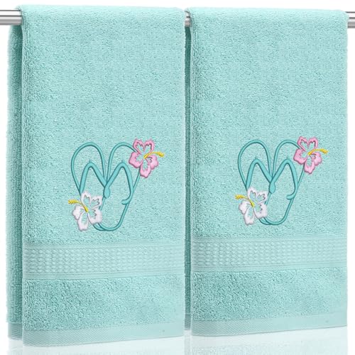 SmoothNovelty 2 Pcs Flip Flops Hand Towels Mint Green Bathroom Decor 14x29 Inch Embroidered 100% Cotton Soft Absorbent Spring Summer Decorative Hand Towels for Bathroom Kitchen