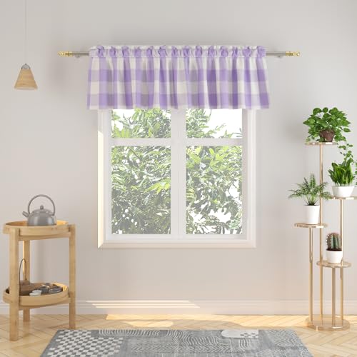 "Window Curtain Valances 14 inches Long Living Room Bedroom Kitchen 1 Panel Buffalo Check Small Short Mini Valance Curtain Topper Rod Pocket Classic Country Farmhouse 90W""x14L"" - Lilac & White"