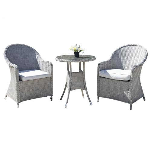 SHATCHI Sorrento Premium 3 Pieces Aluminium Rattan Bistro Set 2 Seater, 2 Chairs with Cushions, Glass Top Table Outdoor Garden Lounge Balcony Patio Compact Furniture, Light Grey