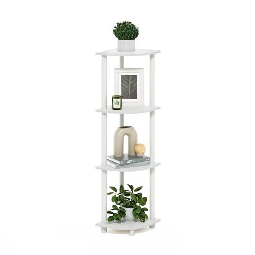 Furinno TURN-N-TUBE Corner Shelf, 4-Tier Corner Bookshelf, Display Storage Shelves with Open Shelves, for Organization and Storage, Living Room, Home Office, Garage, White