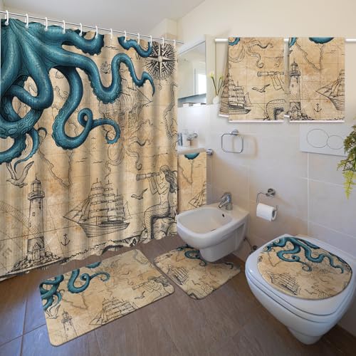 Nuanchu 6 Pcs Summer Shower Curtain Set with Rug Navigation Bathroom Sets with Shower Curtain Bath Mat U Shaped Mat Toilet Lid Cover 2 Bath Towels and 12 Hooks Summer Ocean Bathroom Decor