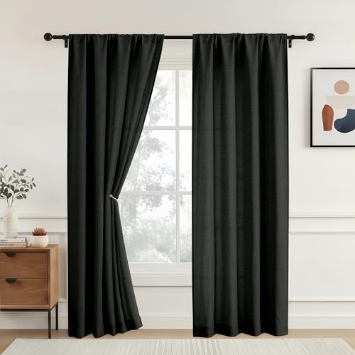 OVZME Black Curtains 84 Inches Long 2 Panels Set, Soft Airy Textured Privacy Light Filtering Rod Pocket Curtains, Modern Farmhouse Drapes for Living Room Bedroom, Black, 2x42Wx84L Inches