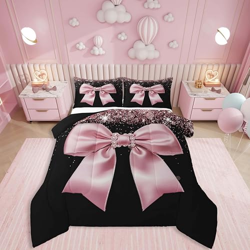 Erosebridal Elegant Bowknot Comforter Set Queen,Glitter Diamond Print Bedding for Girls Women,Aesthetic Coquette Down Comforter