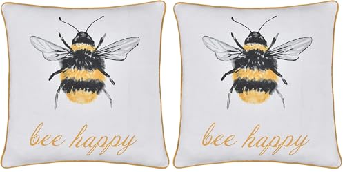 Sleepdown Bumble Bee Filled Cushion with Pom Pom Soft Decorative Cotton Cushion for Home Decor Sofa Bedroom and Car - 45cm x 45cm - White,5056242896654 (Pack of 2)