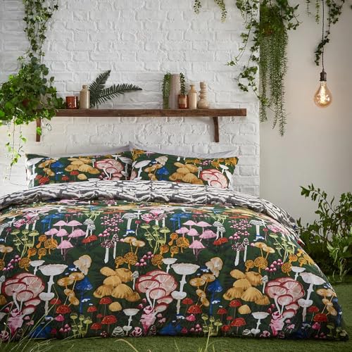 furn. Amanita Duvet Cover Set – Hand-Painted Printed Colourful Mushroom Reversible Bedding (Forest Green – Single)