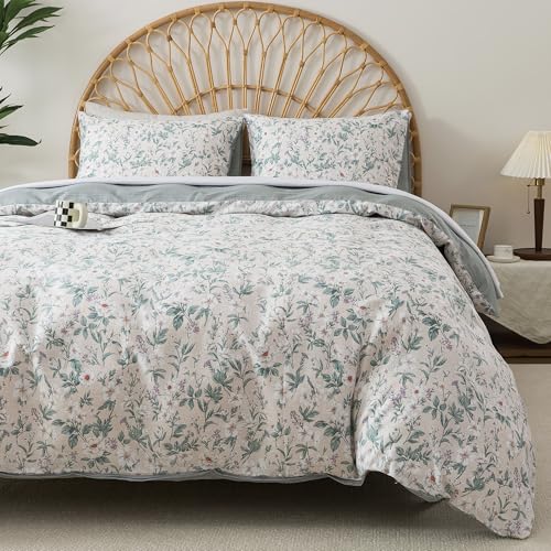 HoneiLife Floral Duvet Cover King - 100% Cotton Comforter Cover, Soft Botanical Bedlinen Set with Zipper Closure & Corner Ties,3-Piece Wildflower Comforter Cover Sets, Greenery