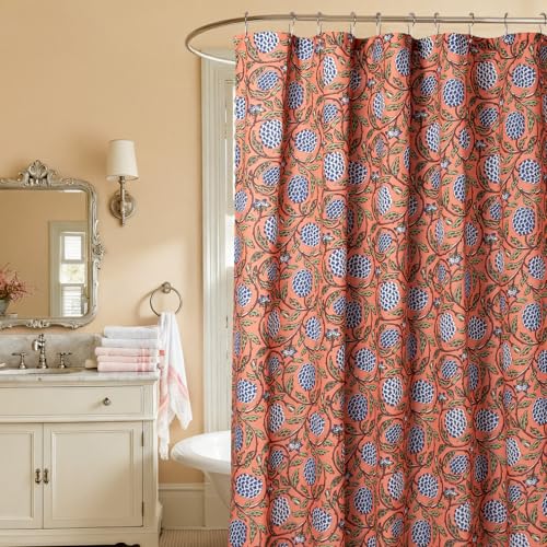 MUGINYU Boho Burnt Orange Floral Shower Curtain - 72x72 Inches,Cotton Blend Cloth Fabric, Botanical Coral Block Print Pattern for Rustic Farmhouse Frenchy Bathroom