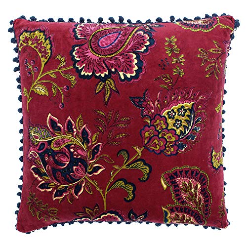 "Riva Paoletti Malisa Square Feather Filled Cushion Red-Paisley Indian Print-Faux Velvet Fabric-Blue Pompom Edges-Machine Washable-100 (20"" X 20"" Inches), Cotton, Pomegranate, 50 X 50Cm"