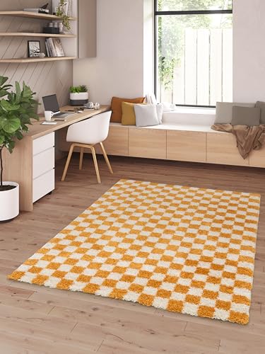 BALTA Rugs Essentials Shaggy Checkerboard Rug, Rectangular Indoor Rug for Living Room, Bedroom, Soft and Comfortable, Easy Care, Thickness 30 mm, Polypropylene, 120 x 170 cm, Orange