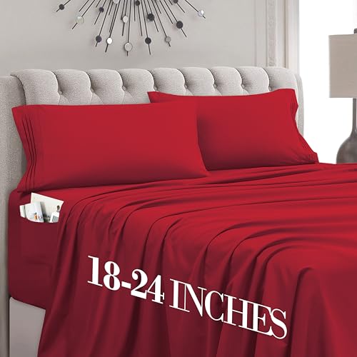 Mocassi King Size 4-Piece Bed Sheet Set - 1800 Premium Hotel Quality Microfiber 18-24 Inches Extra Deep Pocket Fitted Sheet- Luxury Soft, Breathable, Wrinkle, and Fade Resistant, Red