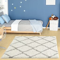 THE RUGS Shaggy Rug – Modern Moroccan Design Rugs for Living Room, Bedroom, Hallway, 3 cm Thick Area Rugs, (Moroccan Ivory/Grey, 120cm Square)