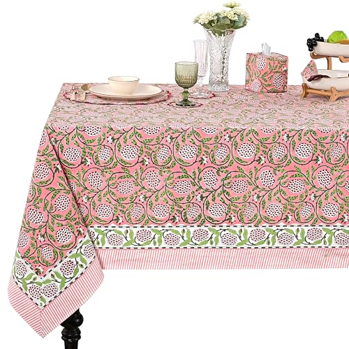 "Ridhi Strawberry Pink Hand Block Print Cotton Rectangle Tablecloth 60"" x 60"" inches Reusable Table Cover Decorative Everyday Use for Dining Room, Farmhouse, Home Gift for Spring, Mother's Day"