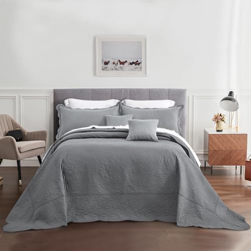 Blythease Oversized King Bedspread 128x120, Embossed Paisley, Grey - Extra Wide Coverage, 5-Piece Quilt Set, Lightweight Reversible Coverlet, Scalloped Edge, King/Cal King
