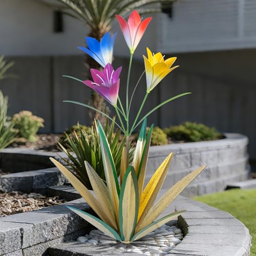 TOMBABY 32.28 Inch Metal Agave Plant Outdoor Decoration Lily Mexican Yard Art Garden Gift Home Decor Hand Painted Metal Agave Garden Yard Statue (1, Grass Green)