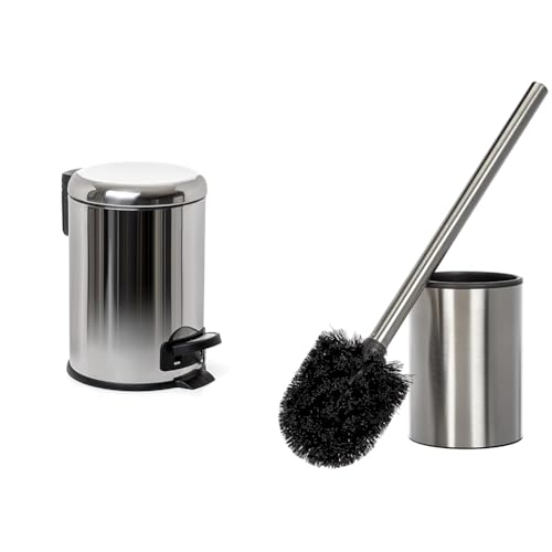 TATAY Stainless Steel Bathroom Bin with Pedal, 3L Capacity, Removable Interior, Cushioned Drop Lock + Bathroom Brush Satin, Stainless Steel Construction