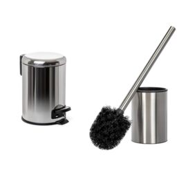 TATAY Stainless Steel Bathroom Bin with Pedal, 3L Capacity, Removable Interior, Cushioned Drop Lock + Bathroom Brush Satin, Stainless Steel Construction