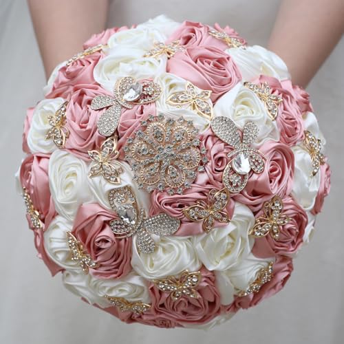"Mhojpik Handmade Wedding Flowers Bouquet Round Holding Bridal Bouquet Toss Artificial Rose Bunch for Bride Bridesmaid Wedding Quinceanera (Blush & Ivory, 9.8"")"