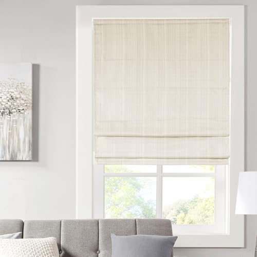 "Madison Park Galen Cordless Roman Shades - Fabric Privacy Single Panel Darkening, Energy Efficient, Thermal Insulated Window Blind Treatment, for Bedroom, Living Room Decor, 33"" x 64"", Ivory"