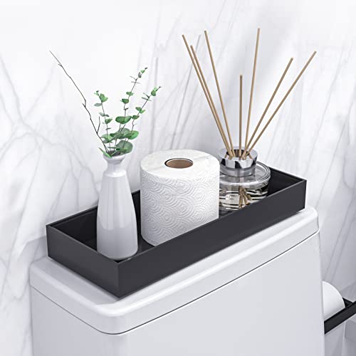 "Toilet Tank Tray for Modern Black Bathroom Decor Toilet Tank Topper Paper Storage Decorative Organizer Box Wood Vanity Tray for Counter Decor Dresser Tops 15"" x 6"" x 2"" Set of 2 (Black)"