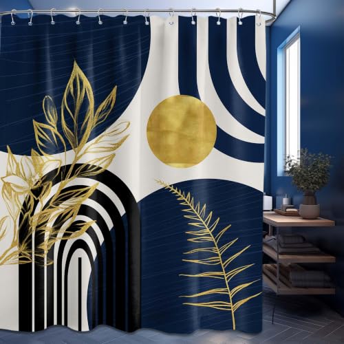 QGHOT Navy Blue and Gold Shower Curtain, 72x72 in, Mid Century Modern - Dark Blue and White Theme, Mens Pattern Design, Boho Abstract MCM Bathroom Decor, Waterproof Polyester Fabric, with Hooks