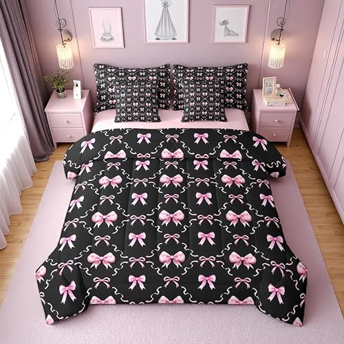 Erosebridal Pink and Black Bow Tie Full Comforter Set with Sheets for Girls - Cute Pink Ribbon Bow Bedding Set 7 Piece for Kids Women, Coquette Bowtie Bed in a Bag, Princess Bows Fitted Flat Sheet