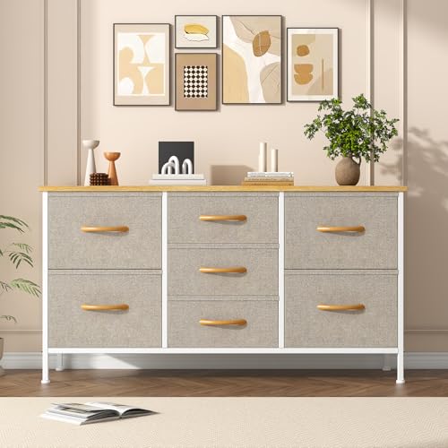 Feonase Chest of Drawers,Bedroom Dresser with 7 Fabric Drawers, Metal Frame & MDF Wood Top, Adjustable Feet, Storage Organizer Unit for Bedroom, Closet, Living Room, Office Hallway, Khaki
