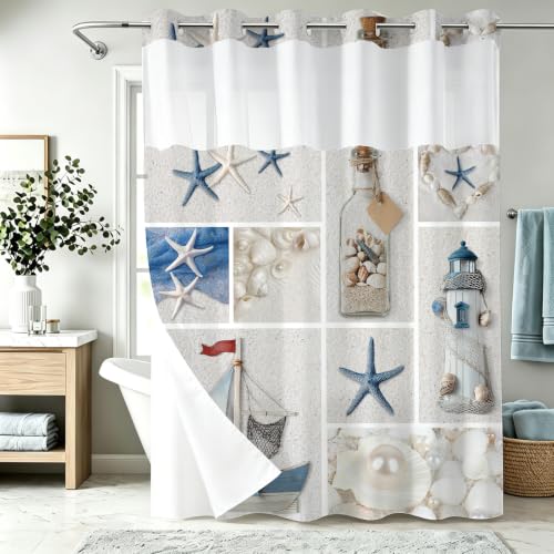 Final Friday White Abstract Beach Theme No Hook Waffle Weave Shower Curtain with Snap in Liner Summer Ocean Coastal Nautical Modern Bathroom Decor Set 72 W x 74 H Inch Blue