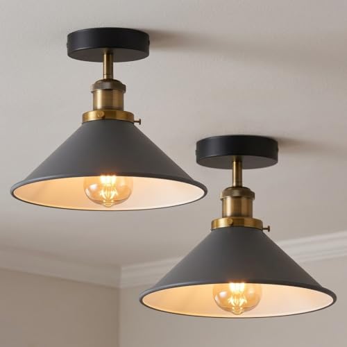 Grey Semi Flush Ceiling Lights 22cm Metal Cone Shade 2 Pack LED Bulbs