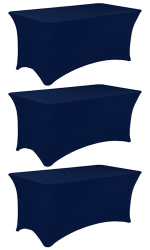 JALANCY 3 Pack 6FT Spandex Table Covers Washable Wrinkle Resistant Fitted Rectangle Tablecloth for Folding Table Wedding Party Birthday Banquet Bar Events???Navy Blue???