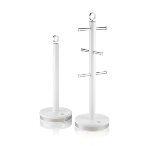 Swan Serenity Kitchen Towel Pole and 6 Cup Mug Tree Set with Smooth Matte Finish, Stainless Steel Accents and Non-Slip Bases, White