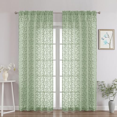 "Chyhomenyc Sage Green Sheer Curtains 84 Inch Length 2 Panels Set, Light Filtering Tufted Textured Soft Airy Rod Pocket Gentle Leaf Window Treatment Drapes for Bedroom Living Room, 52"" Wx84 L, 2PCS"