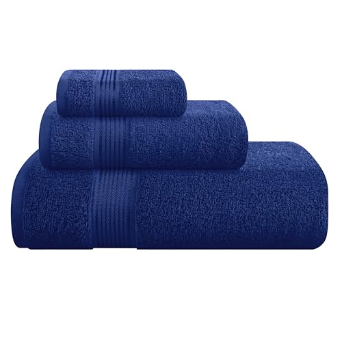 BELIZZI HOME Ultra Soft 3 Pack Cotton Towel Set, Contains a Bath Towel 28x55 inch, a Hand Towel 16x24 inch & a Wash Coth 12x12 inch, Ideal Everyday use, Compact & Lightweight - Navy Blue