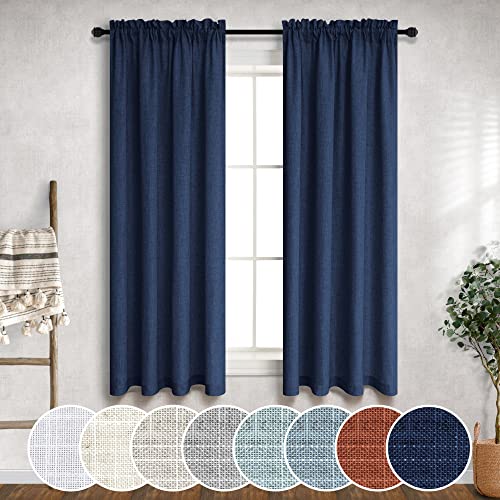 Navy Blue Curtains 38 Inch Width for Kitchen Farmhouse Pair 2 Panels Set Rod Pocket Light Reducing Semi Sheer Linen Dark Blue Curtains for Bathroom Window Door Entryway Decor Wide 38 x 45 Inch Length