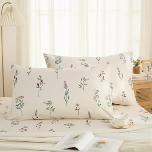 "Cozaline Queen Size Pillowcases Set of 2, 100% Cotton Pillow Cases, Cream Floral Cute Pillow Cover, Ultra Soft Breathable Envelope Closure Pillow Case Set (Queen, 20""x30"")"