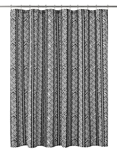 "Pure Bath Contemporary Black Herringbone Printed Textured Faux Linen Shower Curtain,72""x72"""